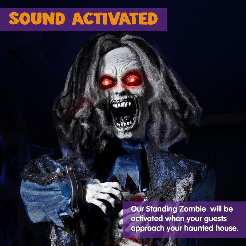 63 Halloween Animated Standing Zombie Decoration With Chain Life Size Zombie With Light Up Eyes Creepy Sound Sound Activated For Halloween Haunted